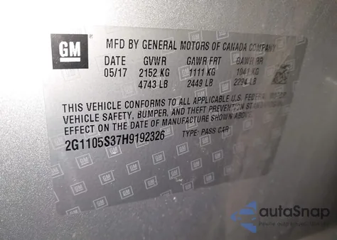 2017 Chevrolet Impala 1Lt from USA, damaged, VIN 2G1105S37H9192326